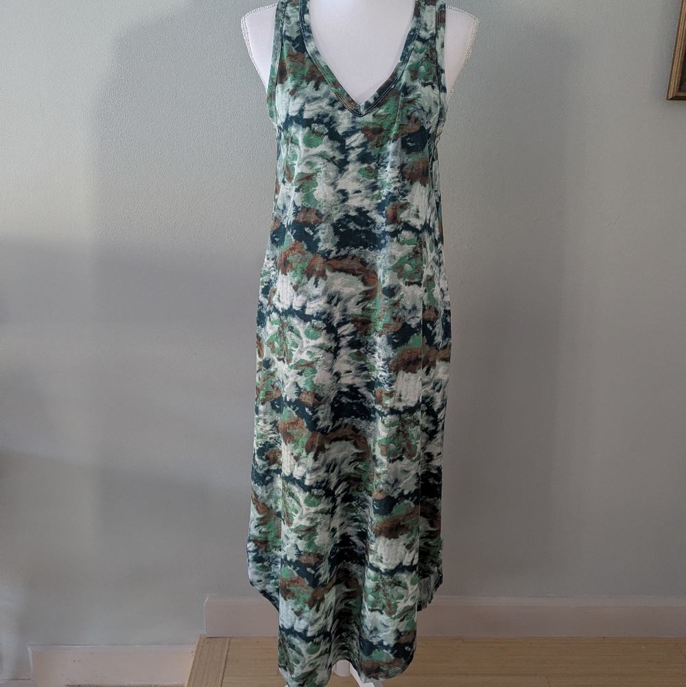 Eddie Bauer Tie Dye Sleeveless Long Tank Dress Green Size Medium V-neck 169